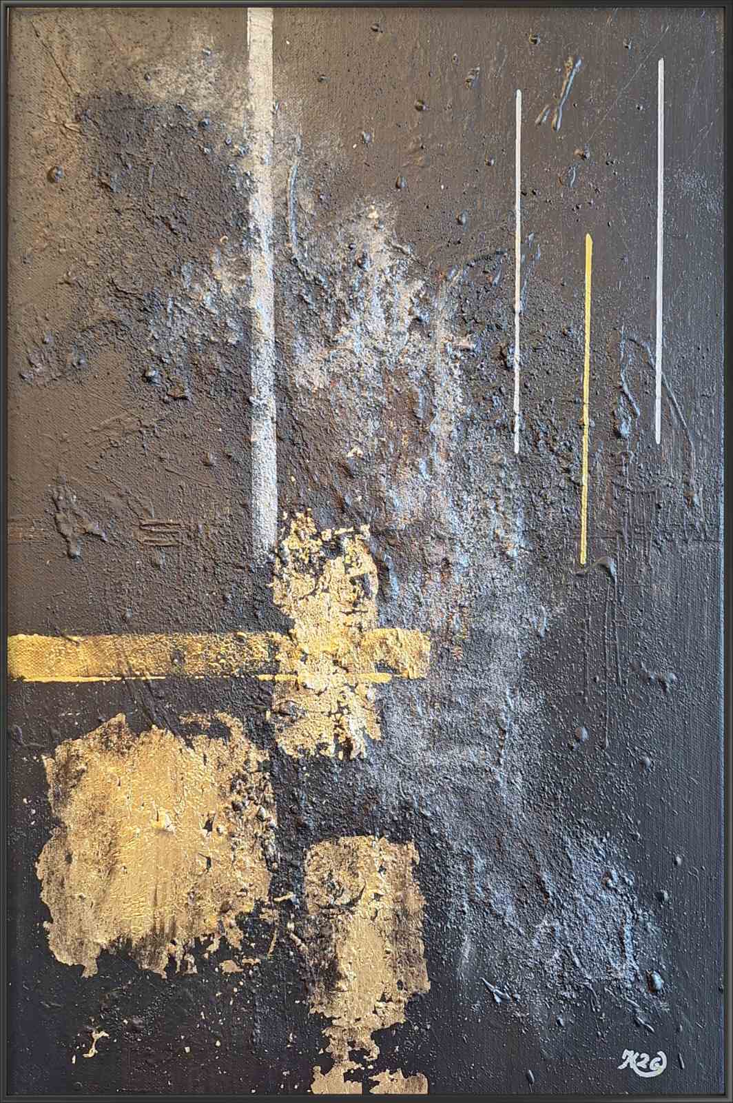 Zlatna prašina moderna umetnička slika akril na platnu, minimalistički slikarski izraz crno-zlatne boje.
